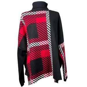 JOSEPH A. Women's Plaid Turtleneck Poncho Sweater Black Red White‎ L